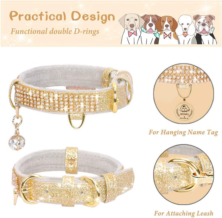 Cat Collar, Dog Collar, [Bling Rhinestones] Premium PU Leather with Pendant Adjustable Collars for Small to Medium Dog Medium Gold
