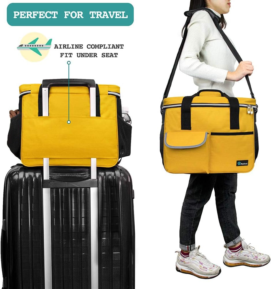 Dog Travel Bag, Travel Pet Bag Organizer, Dog Food Travel Bag with Food Container and Bowls, Dog Travel Supplies Gift Accessories for Weekend Camping, Dog Cat Diaper Bag (Yellow, Medium)