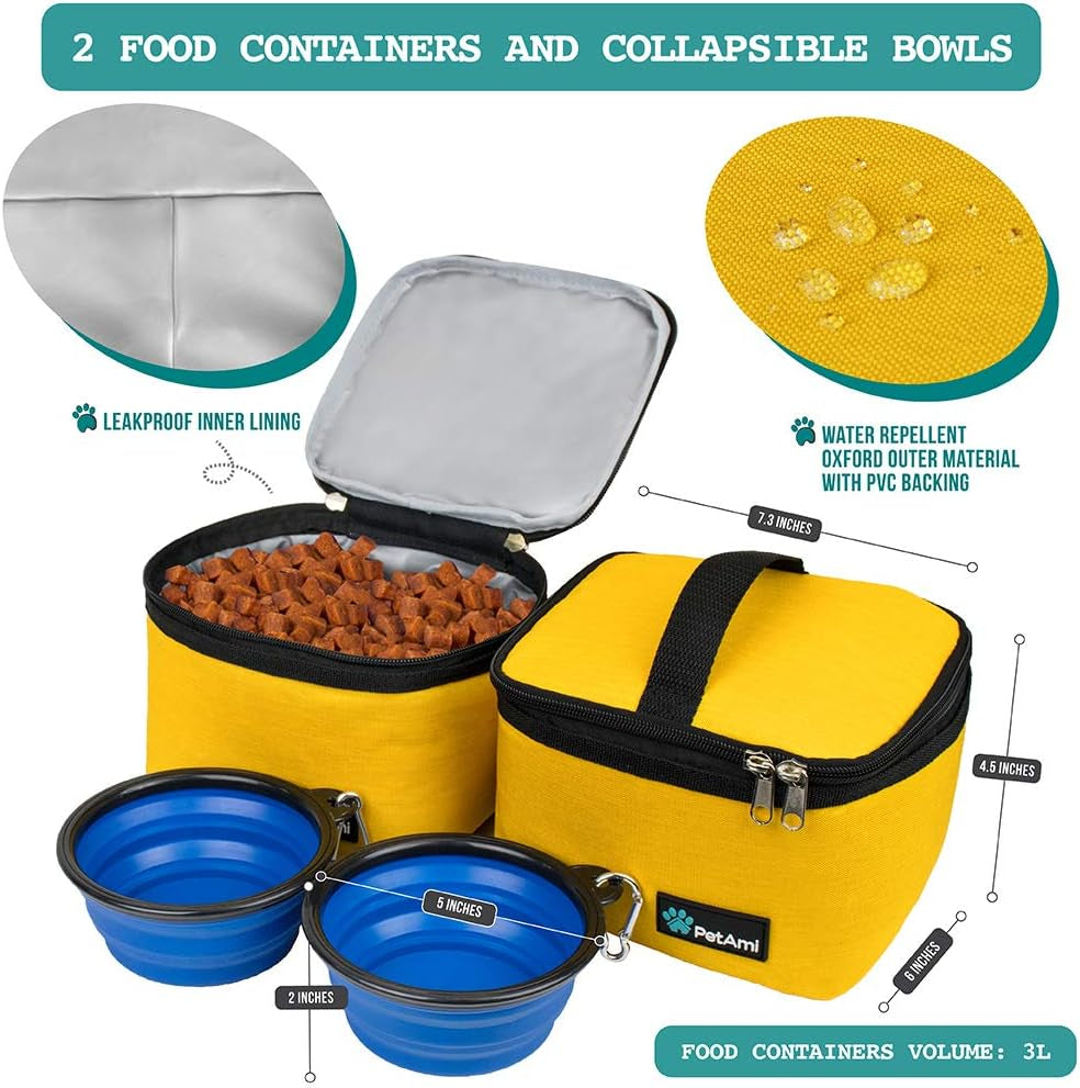 Dog Travel Bag, Travel Pet Bag Organizer, Dog Food Travel Bag with Food Container and Bowls, Dog Travel Supplies Gift Accessories for Weekend Camping, Dog Cat Diaper Bag (Yellow, Medium)