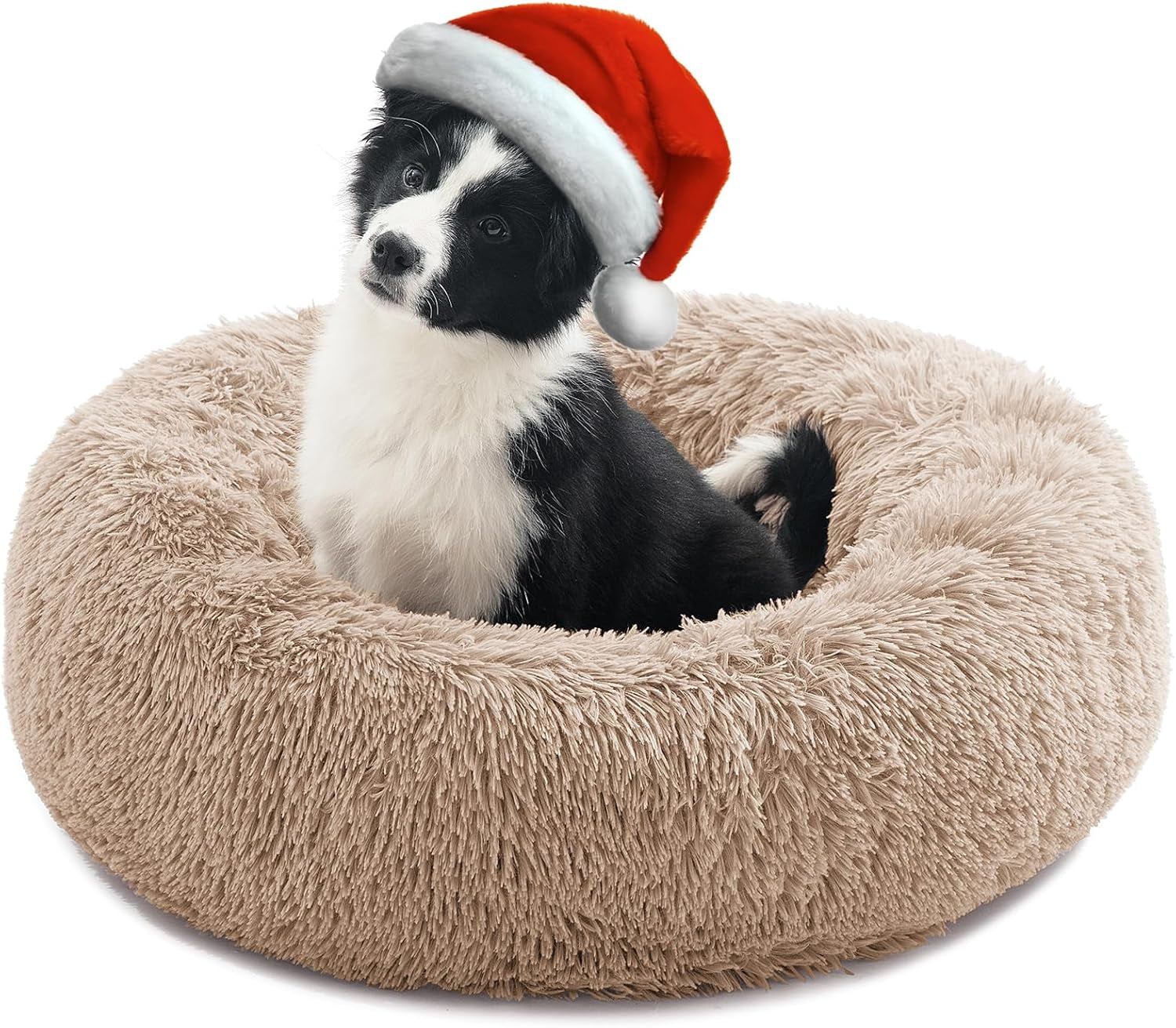 Calming Dog Bed for Medium Dogs, anti Anxiety Donut Dog Bed, round Dog Bed for Puppy, Plush Faux Fur Dog Bed, Fluffy Dog Bed, Soft Fuzzy Pet Bed, Machine Washable, 23X23Inch Khaki
